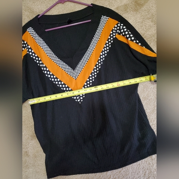 SHEIN V Neck Black/White Polka-dot/Orange Lace Blouse - Picture 6 of 11